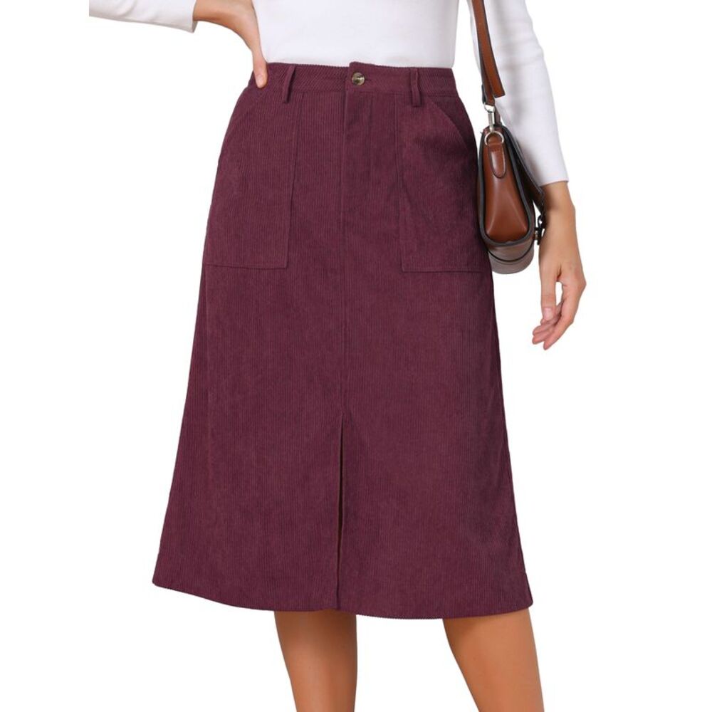 Women's Corduroy Midi Skirt A-Line Split Front Casual Fall Skirts Burgundy